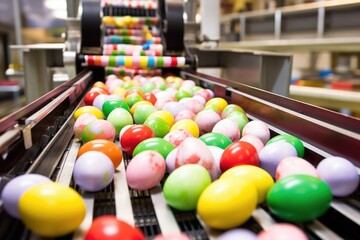 conveyor belt passing through an easter egg wrapping station