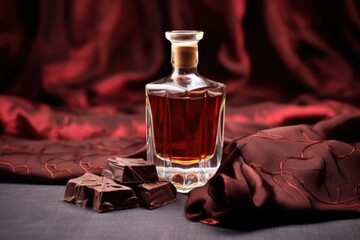 Obraz na płótnie Canvas glass bottle of chocolate liqueur on a velvet cloth