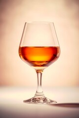 Glass of cognac on light golden background.