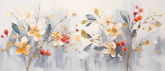 Watercolor floral background with watercolor flowers, leaves and branches.
