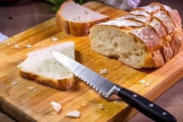 Photo sur Plexiglas Boulangerie slicing ciabatta bread on a board with a serrated knife