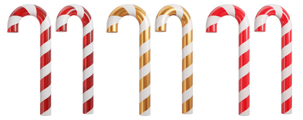 Christmas candy cane. with white, red and golden stripes. 3D rendering.