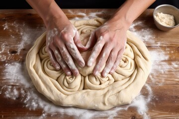 cinnamon roll dough kneaded and shaped with hands