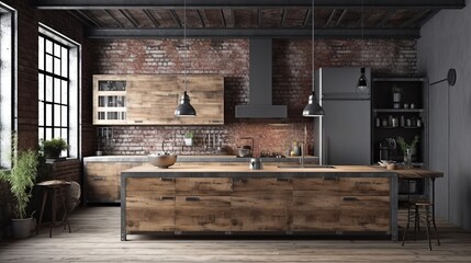 Fototapeta na wymiar Kitchen in loft style. Wall mockup in loft, kitchen in industrial style ,3d render. Real estate concept.