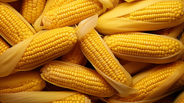 Vibrant photo of delicious-looking corn on the cob with bright golden yellow colors and high contrast. Background of a creative and artistic photo of a pile of corn on the cob.