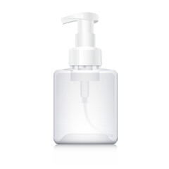 Transparent square bottle with pump for foam soap isolated on white background. Plastic flacon mockup template. Packaging mock up. Realistic 3d vector foam soap dispenser.