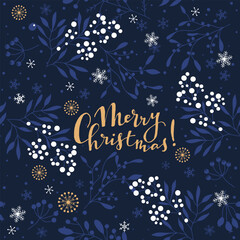 Fototapeta na wymiar Merry Christmas, Happy New Year greeting card, wrapping paper with lettering. Brochure, poster template in Christmas style. Beautiful design and layout. Seamless winter background. Vector illustration