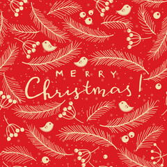 Merry Christmas, Happy New Year greeting card, wrapping paper with lettering. Brochure, poster template in Christmas style. Beautiful design and layout. Seamless winter background. Vector illustration