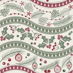 abstract Christmas foliage pattern. Tossed fir tree branch, snowflakes, winter background. Winter holiday all over print. Festive gift wrapping paper illustration. Seamless vector swatchОсновные RGB