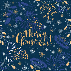 Merry Christmas, Happy New Year greeting card, wrapping paper with lettering. Brochure, poster template in Christmas style. Beautiful design and layout. Seamless winter background. Vector illustration