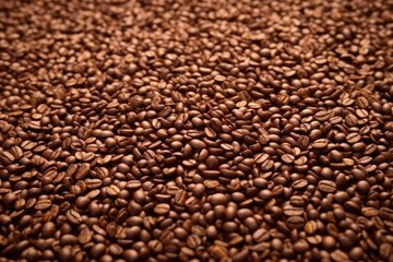 freshly roasted coffee beans spread evenly on a flat surface