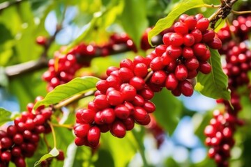 close-up of fresh ripe coffee cherries on a tree