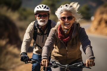 Fototapeta premium Happy adult laughing african american couple with big smiles riding bikes down the street