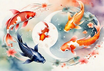 Yin and Yang Koi Fish Watercolor Painting, Generative AI