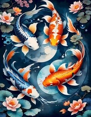 Obraz na płótnie Canvas Yin and Yang Koi Fish Watercolor Painting, Generative Ai