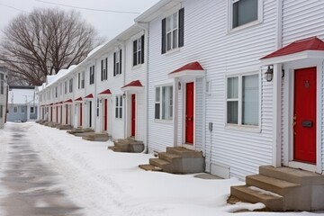 red door in a row of identical white townhouses