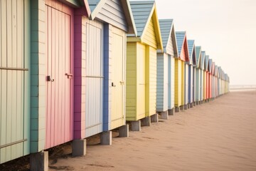 a row of pastel-colored beach huts