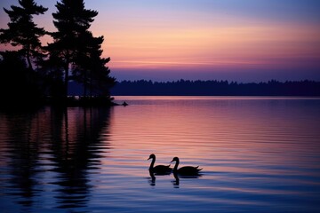 peaceful lake image with dual swan silhouettes