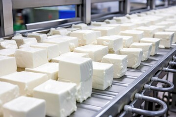 fresh blocks of cream cheese moving on the automated line