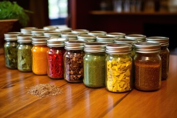 colorful spices neatly arranged in glass jars on a wooden countertop