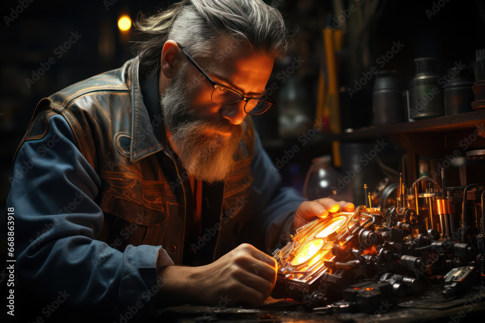 Canvas Prints Metalworker in workshop using machine. Generative Ai.