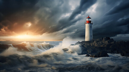 lighthouse on the shore of the sea - obrazy, fototapety, plakaty