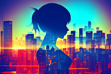 double exposure a city skyline superimposed over a beauty queen silhouette  generative ai - obrazy, fototapety, plakaty