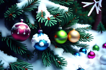 Fototapeta na wymiar jingle bells christmas tree toys snow lush spruce new-year holiday generative ai