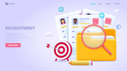 Recruitment, search employees online, hiring process, human resource management. 3d design concept for landing page. Three dimensional vector illustration for website, print, banner