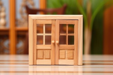 closeup of miniature wooden door for a dollhouse
