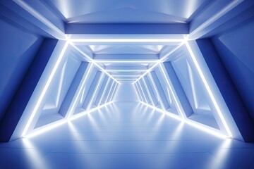bright neon blue polygonal shaped long tunnel with light at the end.