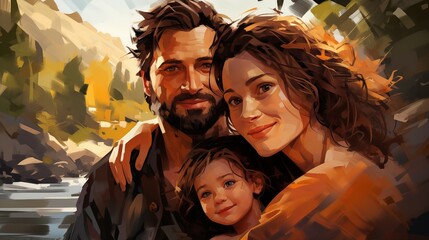painting of the young couple holding a child in front of a lake. Fantasy concept , Illustration painting. - obrazy, fototapety, plakaty