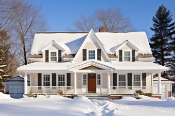 dutch colonial featuring flared eave, nestled in winter snow