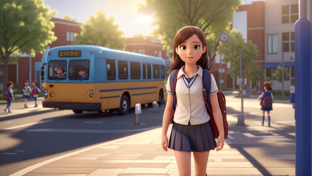 3D Image of a Girl Heading to School