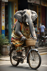 an elephant riding a bicycle in the street