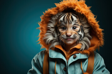 Cute Young Boy Dressed as a Tiger for Halloween on an Blue Banner with Space for Copy. Generative Ai.
