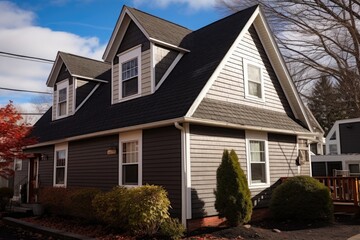 side angle of a dutch colonial home showcasing dormer windows