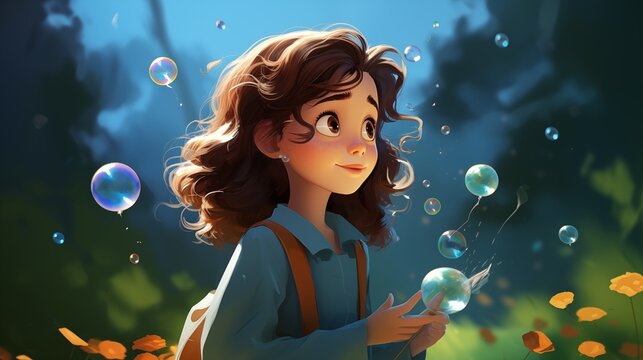 Girl blowing soap bubbles in a backyard. Fantasy concept , Illustration painting.
