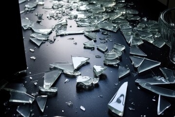 shattered glass pieces on a kitchen floor - obrazy, fototapety, plakaty