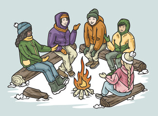 Persons sitting around winter campfire, engaged in conversation, season recreation for group of people. Warm and inviting scene of winter social interaction by the fire