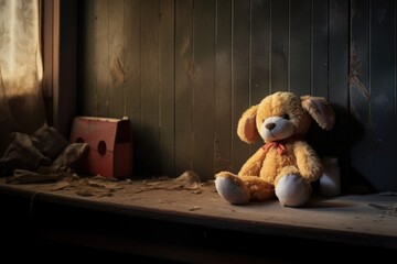 abandoned stuffed animal toy in a dimly lit room