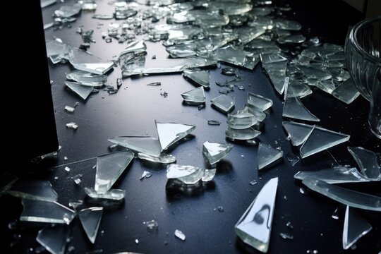 shattered glass pieces on a kitchen floor