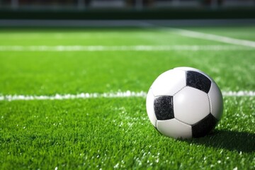 Fototapeta premium a soccer ball on a green pitch with white lines