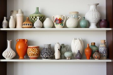 ceramic family heirlooms arranged on a shelf - obrazy, fototapety, plakaty