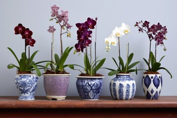 a collection of rare orchids in a ceramic pot
