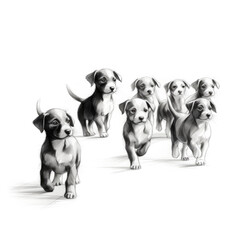 Group of Cute Puppies in Black and White Graphic Isolated on White Background