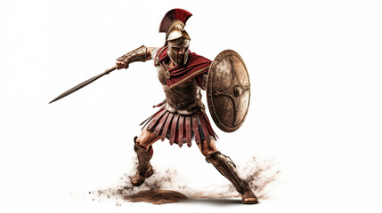 Roman army war Commander in action. Centurion wearing Lorica Segmentata armor. Ancient Greek Legionary Warrior, Gladiator in Greece with sword and shield. 