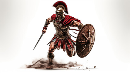 Roman army war Commander in action. Centurion is wearing Lorica Segmentata armor. Ancient Greek Legionary Warrior, Gladiator in Greece fighting on the battlefield with sword and shield. 
