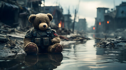 Alone sad teddy bear dressed as military, sitting by a puddle of water in a destroyed boomed city - obrazy, fototapety, plakaty