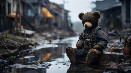 Alone sad teddy bear dressed as military, sitting by a puddle of water in a destroyed boomed city